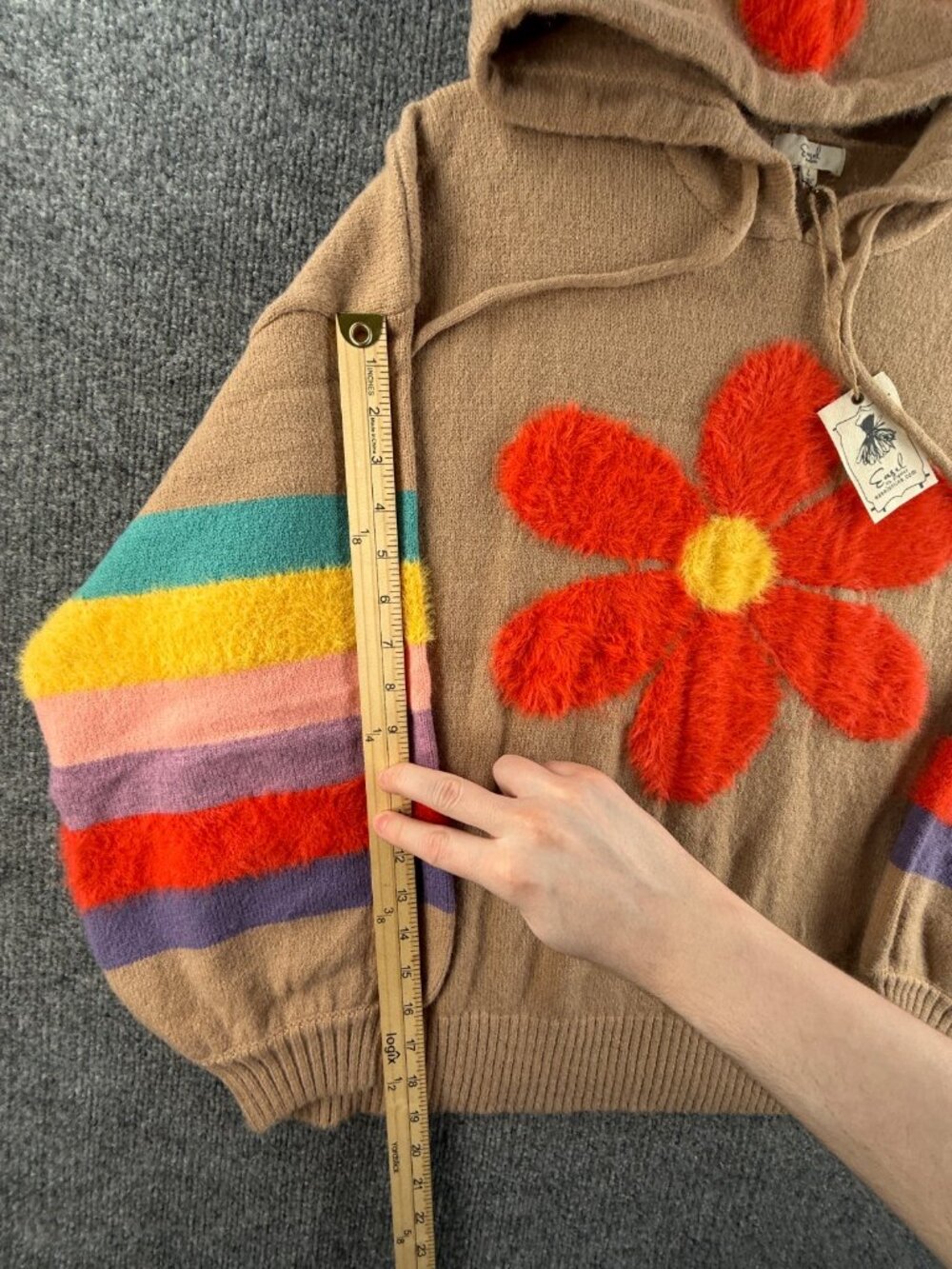 NWT Easel Sweater Beige Colorful Floral Soft Acrylic Blend Large Knit Hooded - Picture 6 of 15